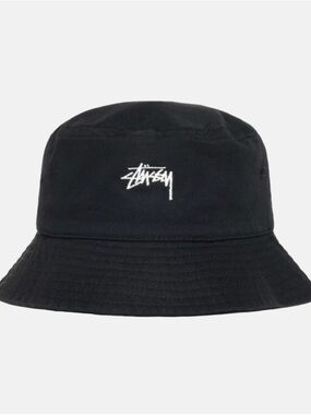 Stussy Black Bucket Hat with White Script Logo